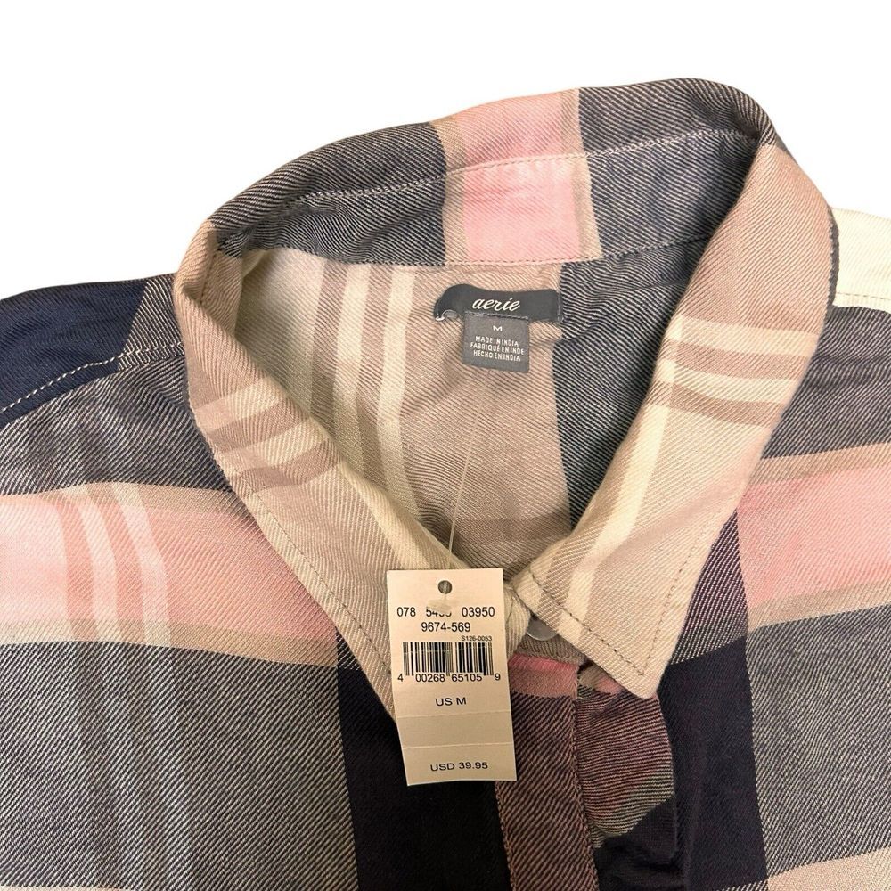 NEW AERIE SZ M LONG TUNIC STYLE BUTTON UP FLANNEL SHIRT PLAID TOP - Picture 5 of 9